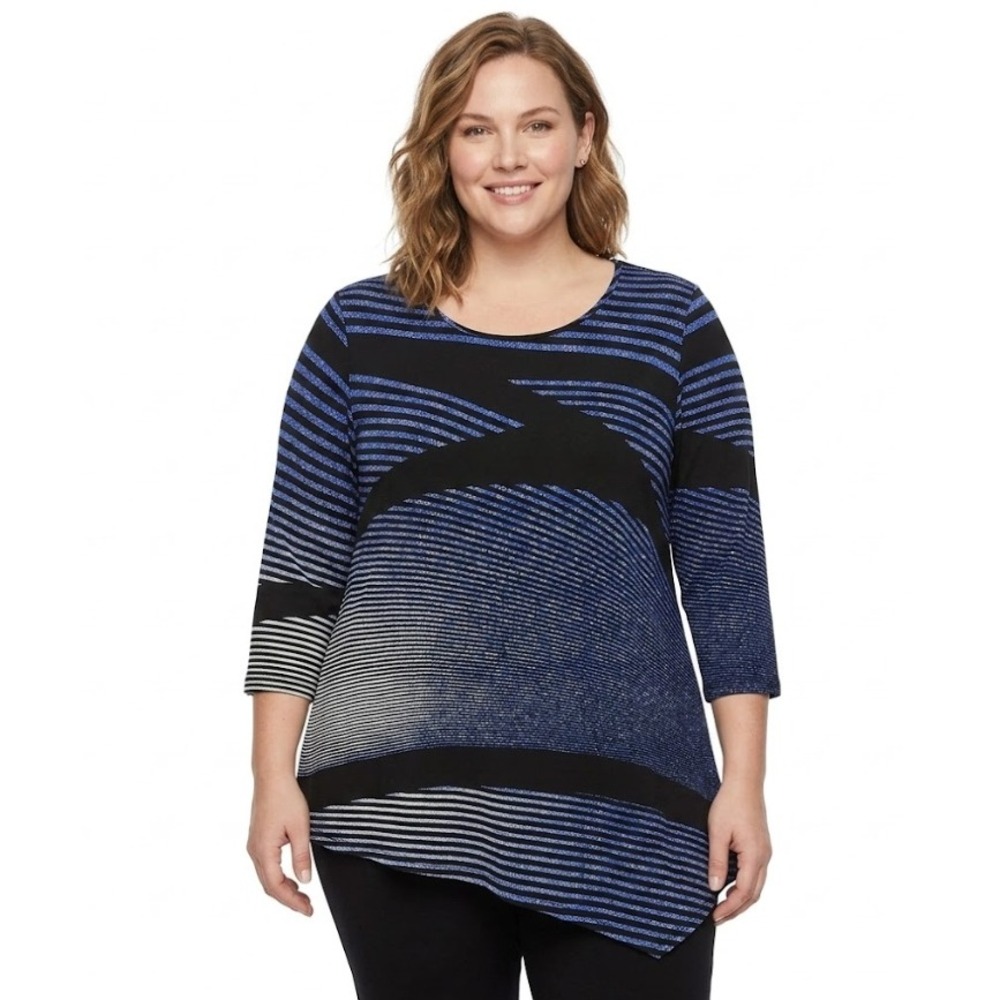 Clara‎ Sun Woo Blue Black Striped Asymmetric Hem Stretch Tunic XL Preppy